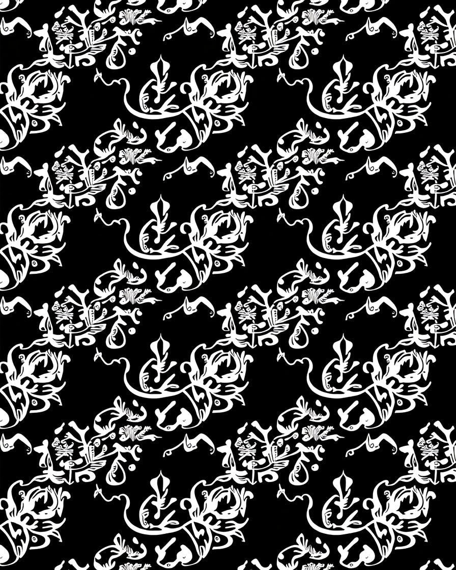 Intricate White Floral Scrollwork Black Rug