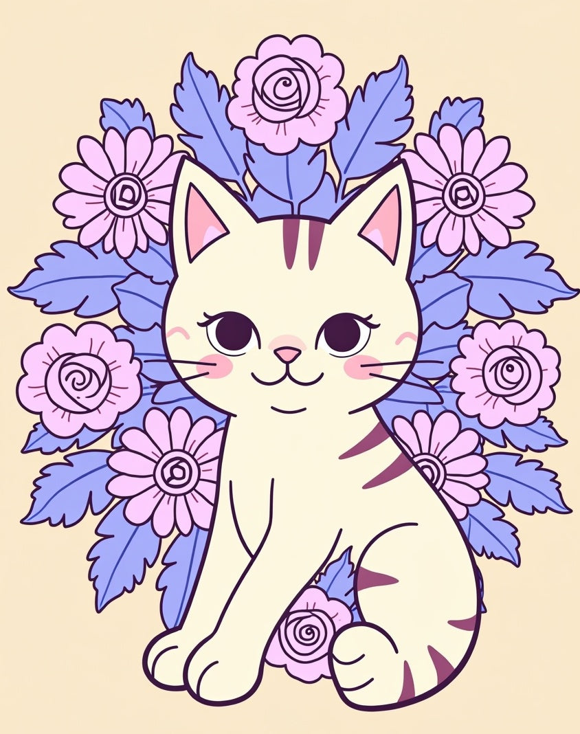 Cute Cream Cat Lavender Floral Garland Rug