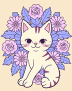 Cute Cream Cat Lavender Floral Garland Rug