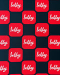 Red White Script Repeating Squares Rug