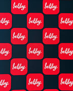 Red White Script Repeating Squares Rug