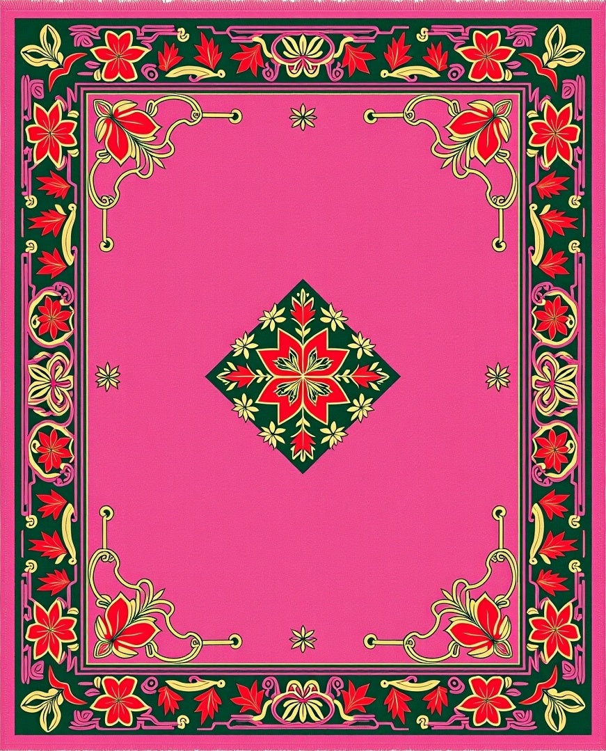 Vibrant Pink Floral Medallion Frame Rug