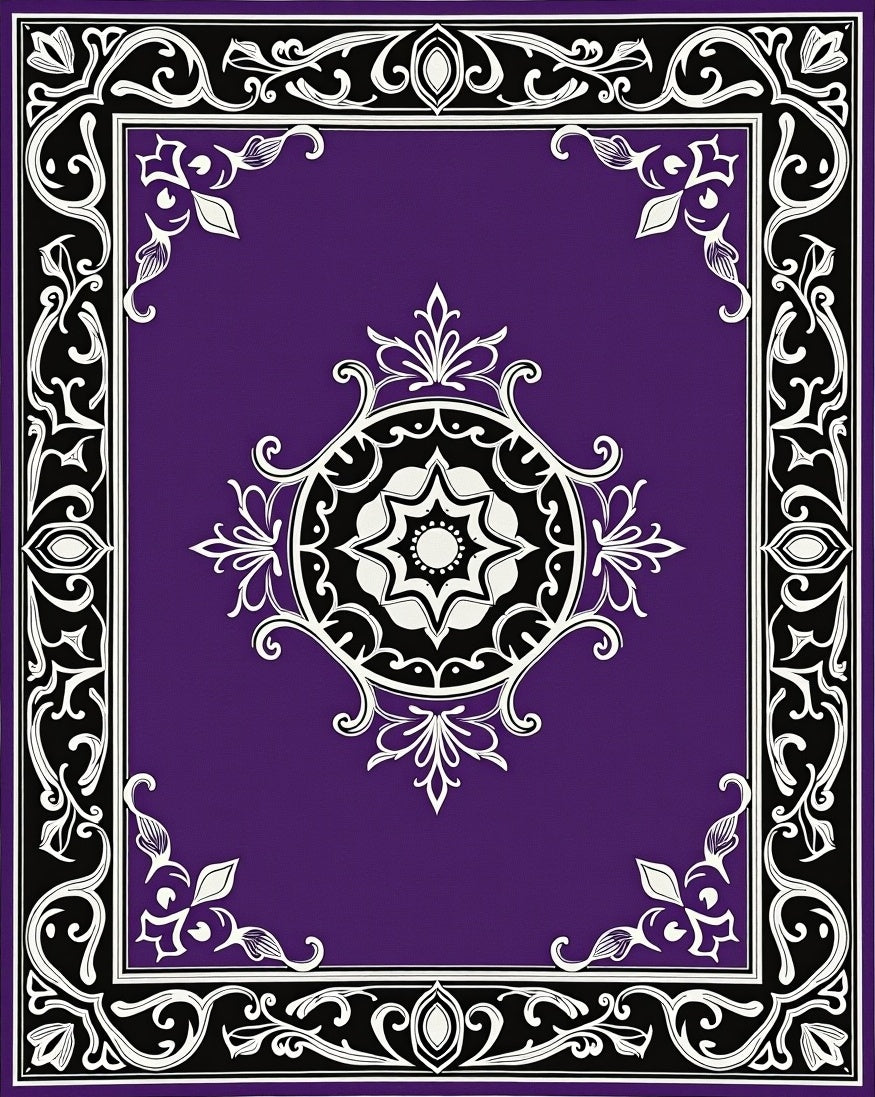 Ornate Purple Black White Medallion Rug