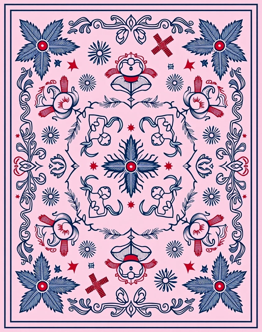 Pink Navy Red Floral Medallion Rug