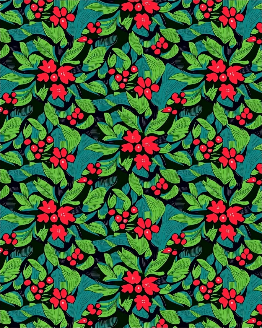 Bold Red Floral Green Leafy Abstract Rug