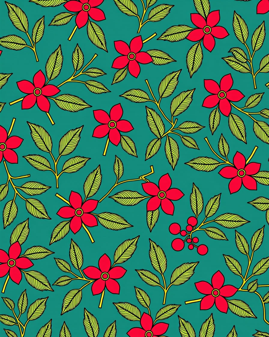 Teal Red Flower Berry Branch Rug