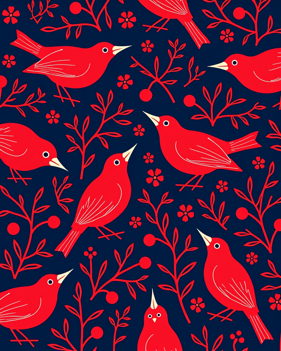 Vibrant Red Birds Blossom Blue Rug