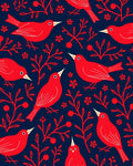 Vibrant Red Birds Blossom Blue Rug