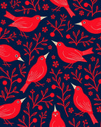 Vibrant Red Birds Blossom Blue Rug