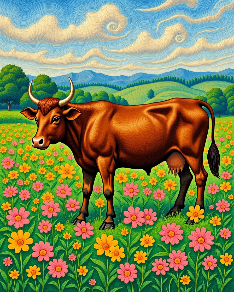 Brown Cow Pink Yellow Floral Meadow Rug
