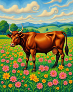 Brown Cow Pink Yellow Floral Meadow Rug