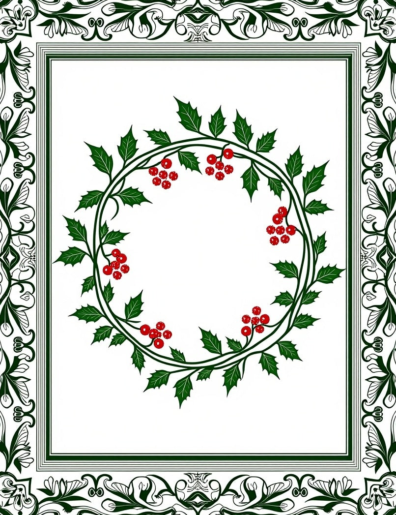 Elegant Green Holly Berry Wreath Border Rug