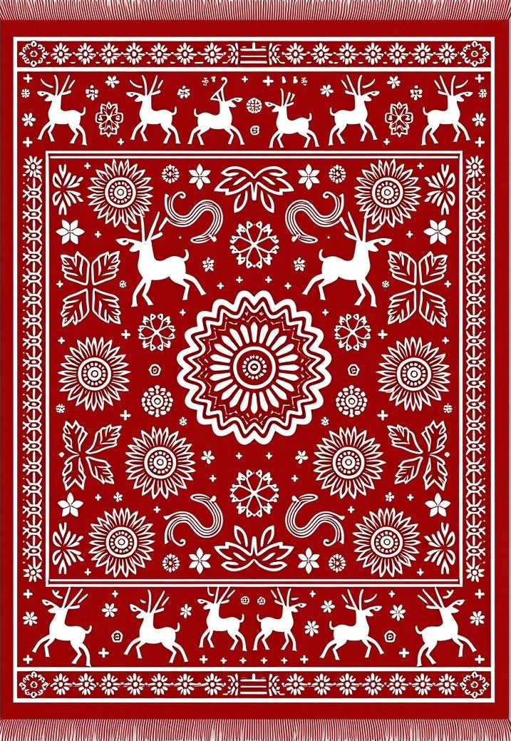 Red White Reindeer Floral Medallion Rug