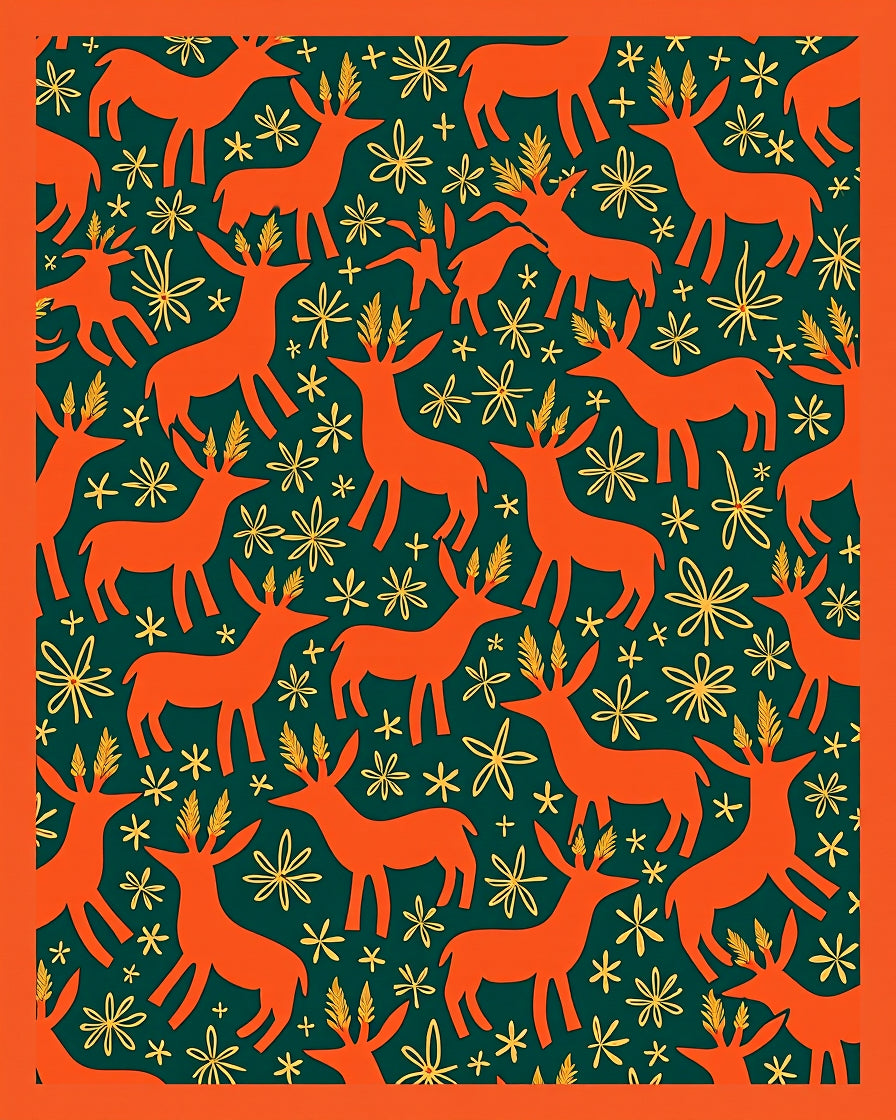 Orange Deer Golden Meadow Dark Green Rug