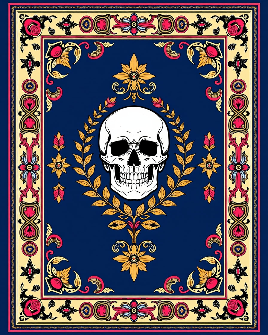 Dark Blue Skull Floral Ornament Rug
