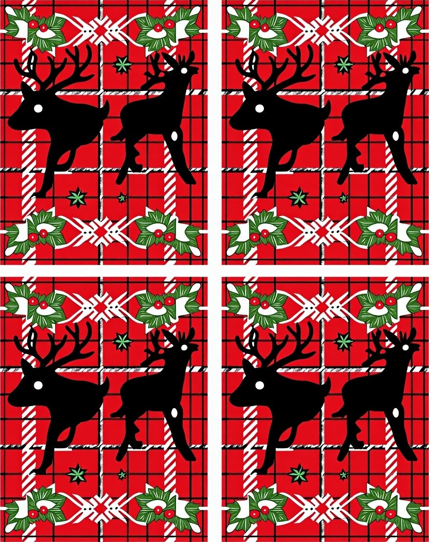 Red Plaid Black Reindeer Holly Christmas Rug