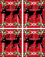 Red Plaid Black Reindeer Holly Christmas Rug