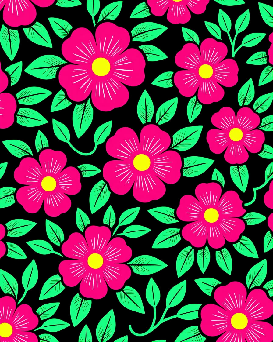 Vibrant Pink Floral Black Garden Rug