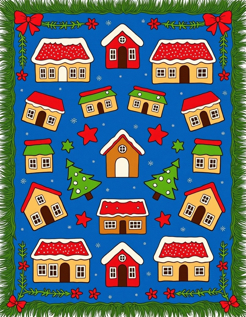 Festive Gingerbread Village Blue Rug