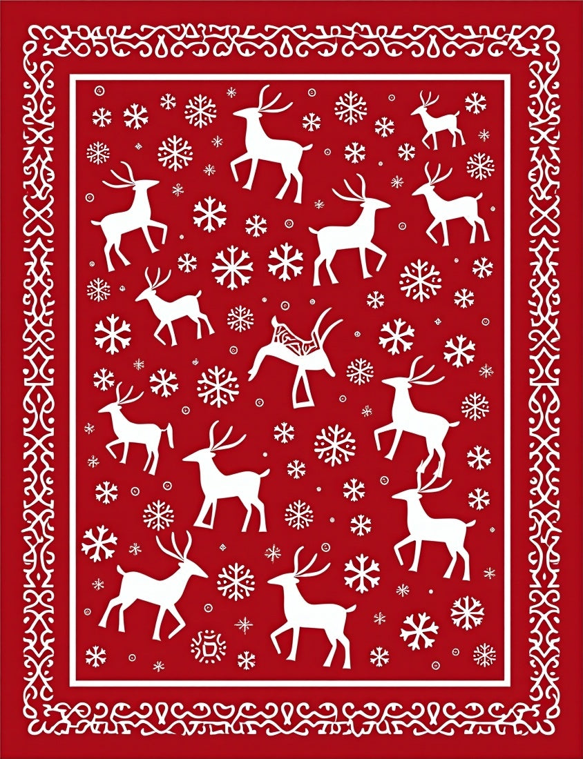 Red Winter Reindeer Snowflake Border Rug