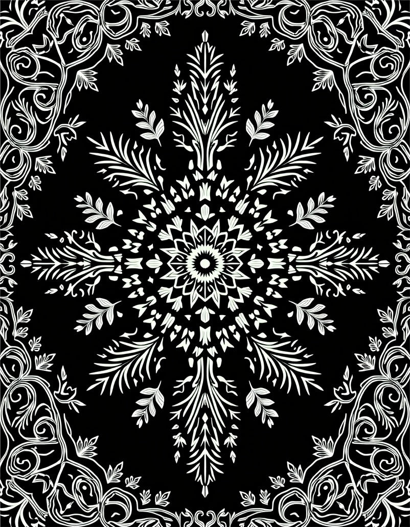 Ornate White Floral Mandala Black Rug