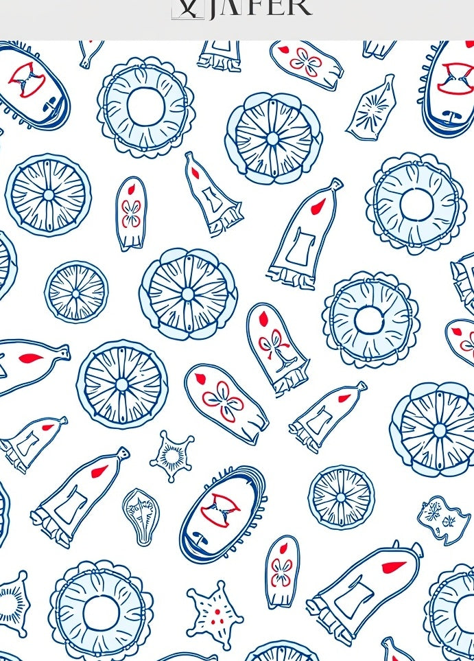 Navy Blue White Scattered Floral Shapes Rug