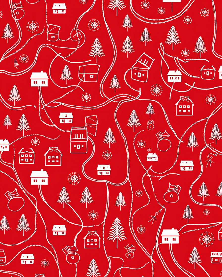 Red Winter Village Houses Trees Rug
