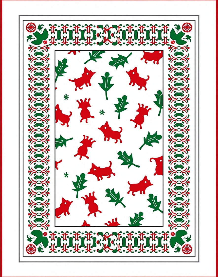 Red Dogs Green Leaves Border Rug