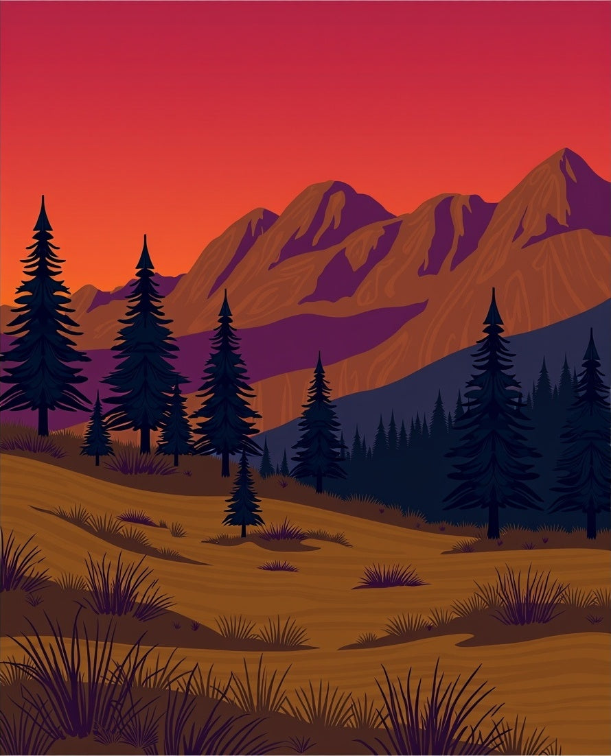 Crimson Mountain Sunset Evergreen Landscape Rug