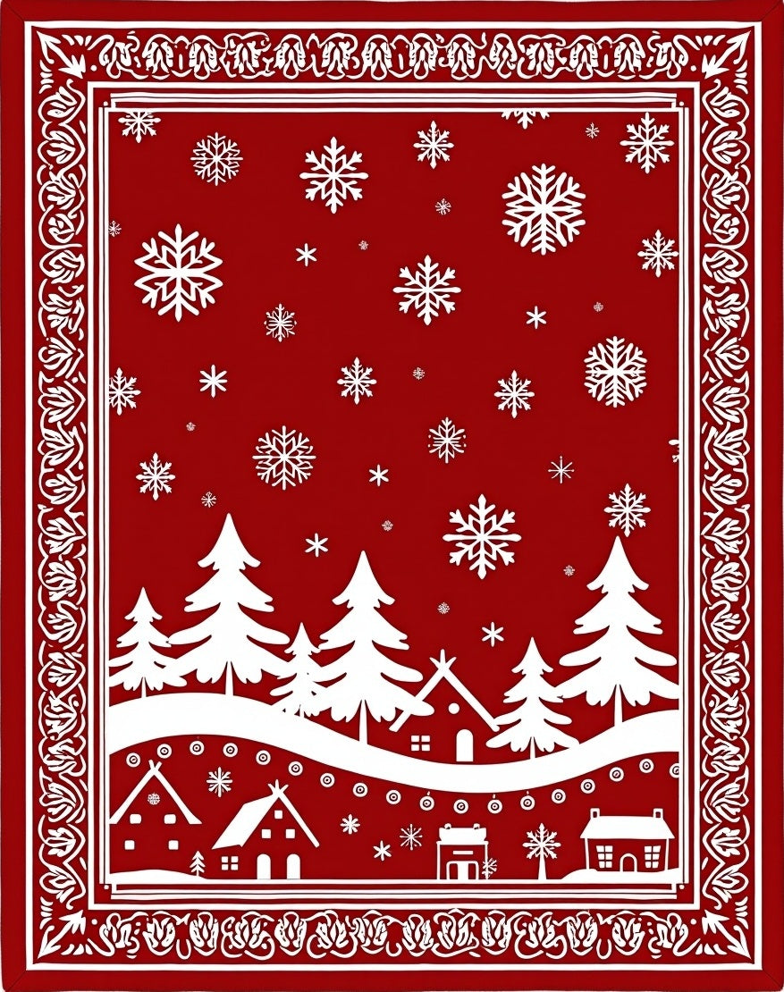 Red Winter Village Snowflake Landscape Rug