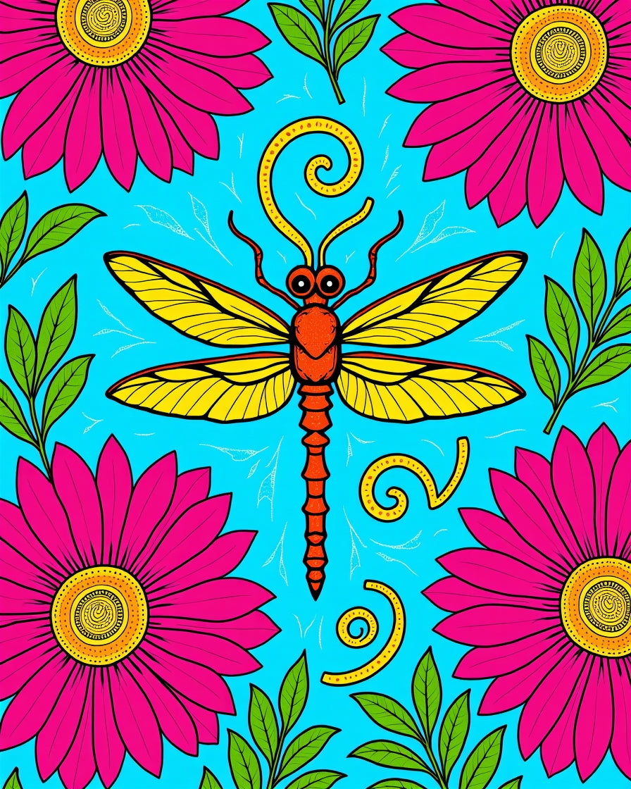 Vibrant Pink Daisy Dragonfly Garden Rug