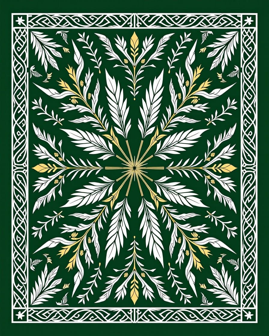 Emerald White Gold Leaf Floral Square Rug