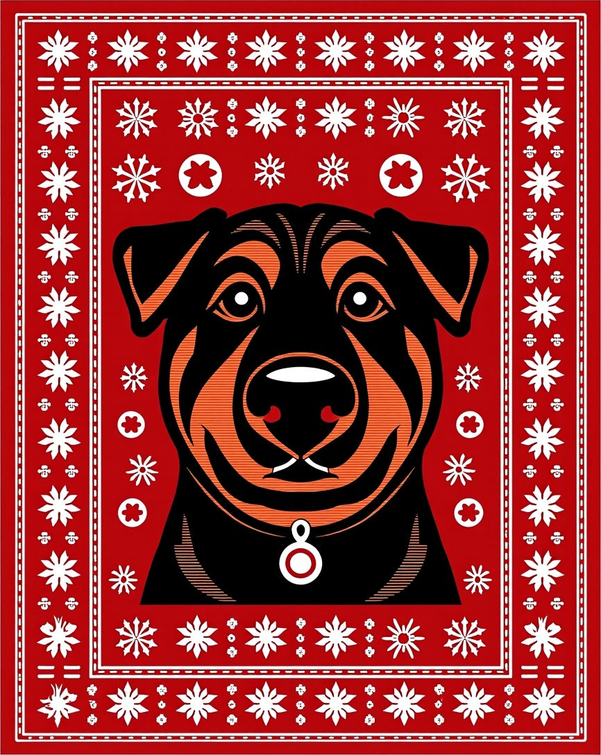 Red Black Orange Dog Snowflakes Collar Rug