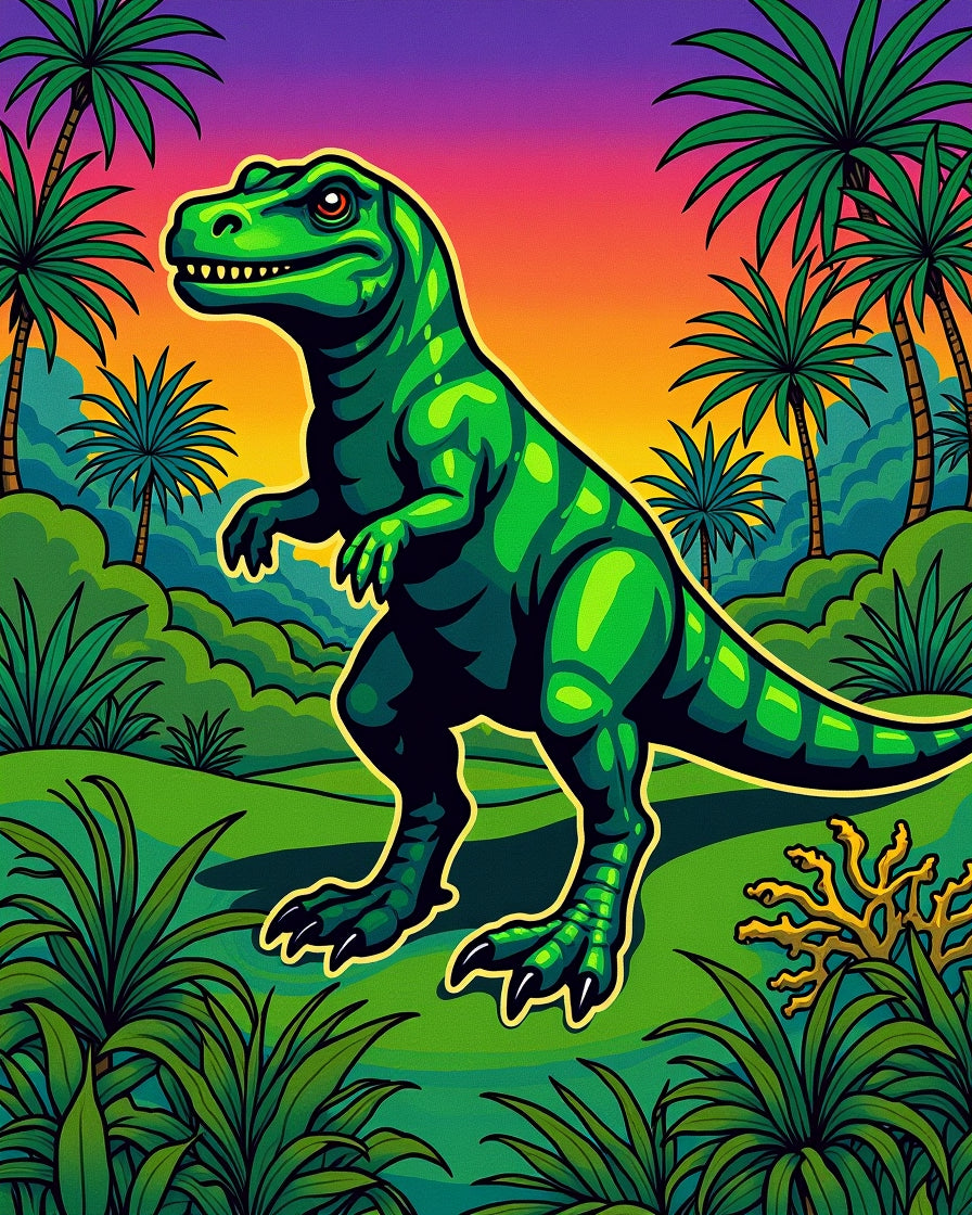 Green Retro Dinosaur Jungle Sunset Rug
