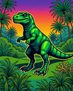 Green Retro Dinosaur Jungle Sunset Rug