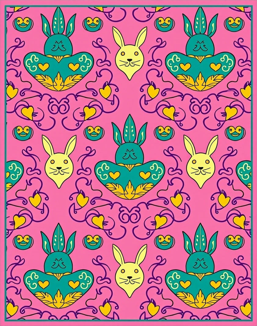 Whimsical Pink Cyan Bunny Heart Swirl Rug