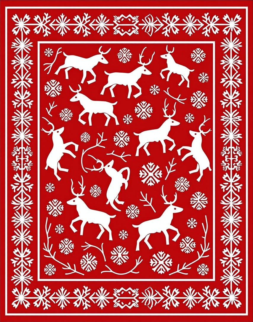 Red White Deer Snowflake Border Rug