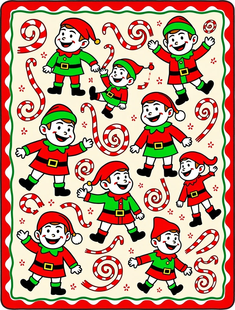 Joyful Christmas Elves Candy Cane Scene Rug