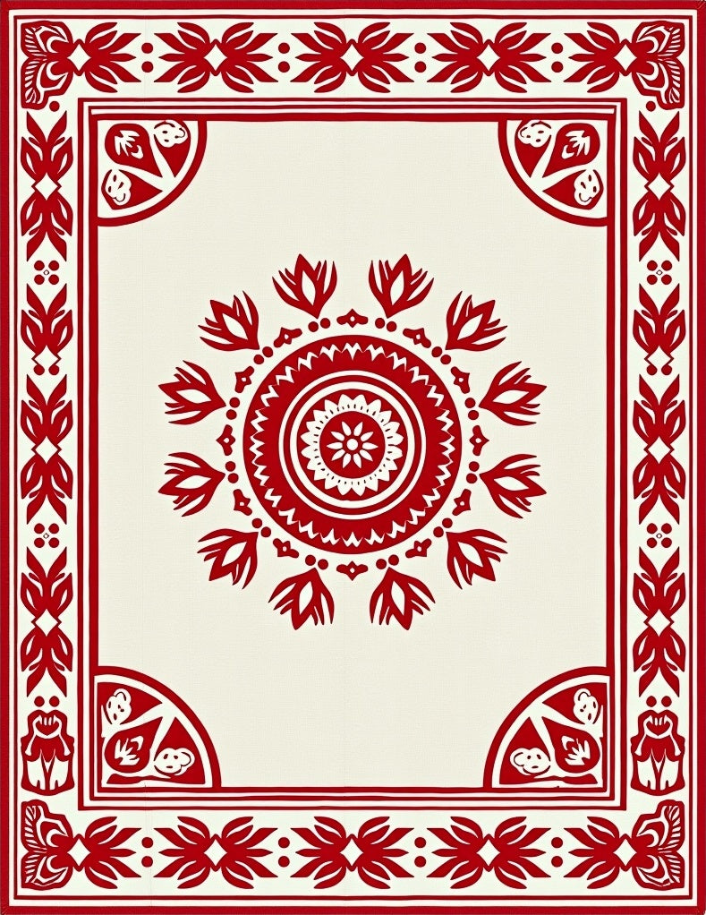 Crimson Cream Geometric Mandala Border Rug
