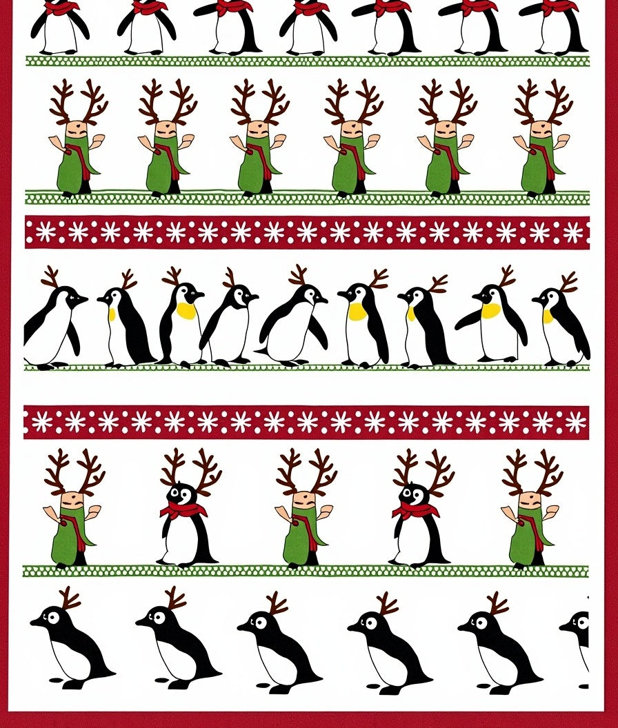 Festive Reindeer Penguin Holiday Border Rug