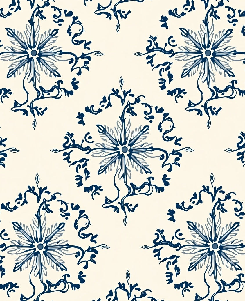 Navy Blue Floral Medallion Cream Rug