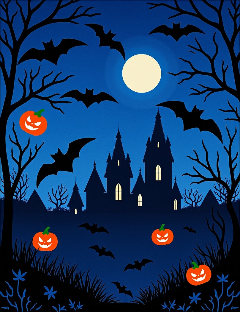 Spooky Haunted Castle Moonlit Bats Pumpkins Rug