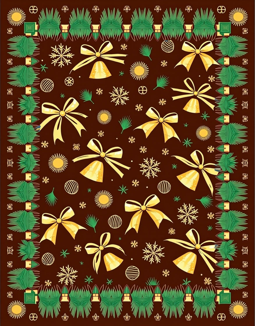 Brown Yellow Bells Snowflakes Festive Throw Rug