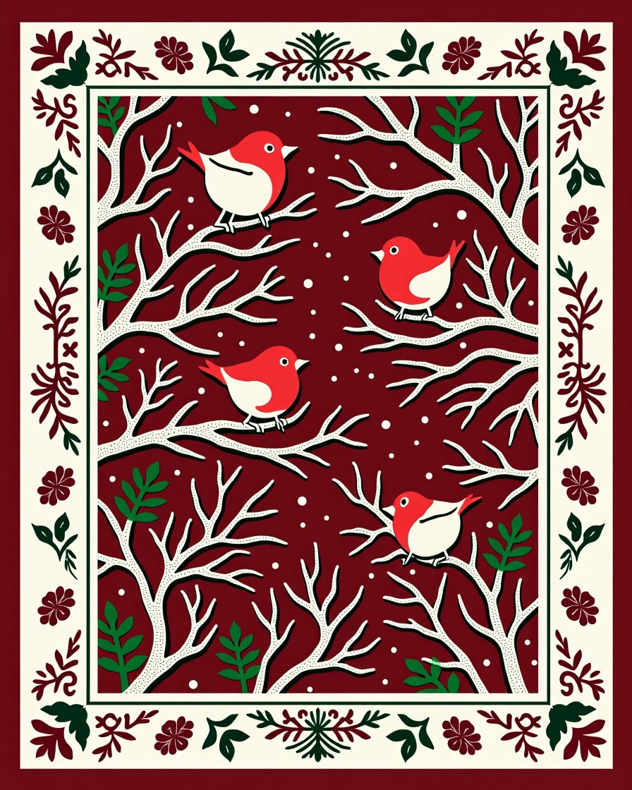 Whimsical Red Bird Tree Border Rug