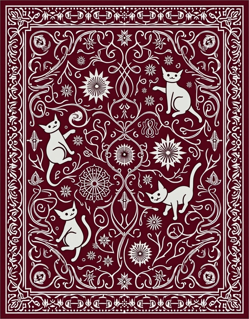 Crimson White Whimsical Cat Floral Rug