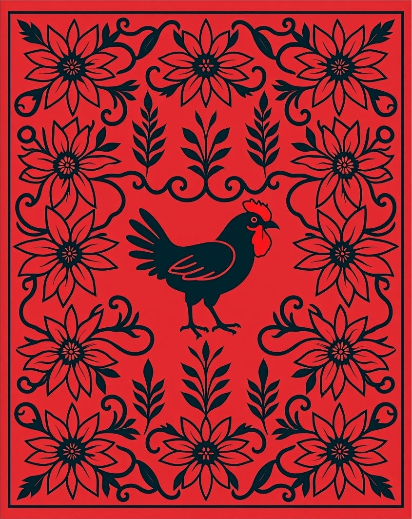 Red Black Rooster Floral Border Rug