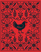 Red Black Rooster Floral Border Rug