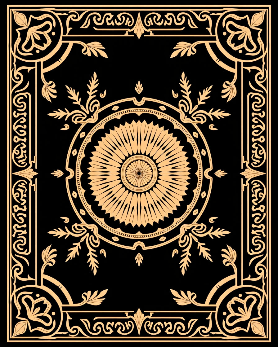 Ornate Black and Gold Floral Medallion Cover Rug