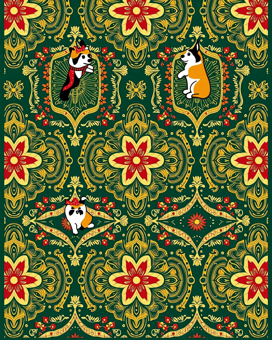 Emerald Green Floral Corgi Medallion Rug