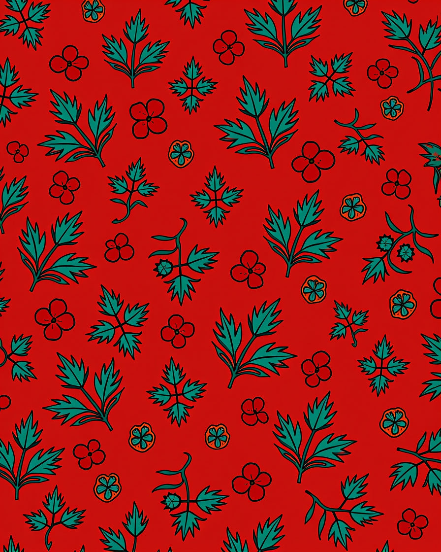 Crimson Red Teal Green Floral Sprigs Rug